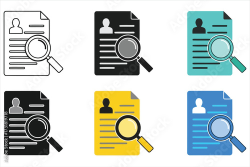 Vector art of a collection of resume icons with magnifying glass in various styles and colors, represents job search, recruitment, and candidate review
