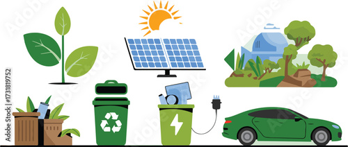 Eco Friendly Green Car with Solar Panels and Recycling Bins