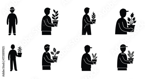 Silhouettes of gardeners tending to potted plants in various poses