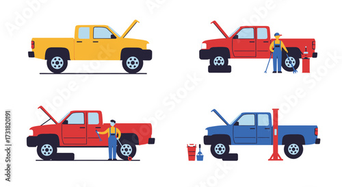 Illustrations depicting various pickup trucks undergoing roadside repair and maintenance