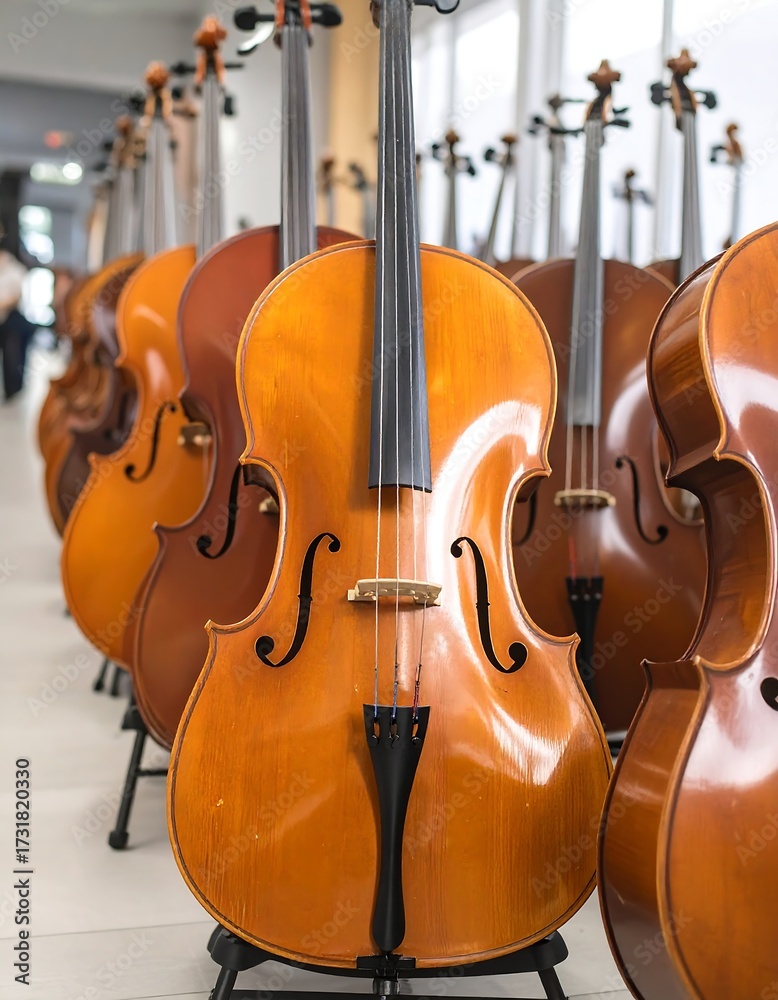 Naklejka premium Close-up of cellos in a row. Rows of polished musical instruments