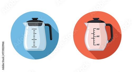 Two measuring pitchers displayed against contrasting blue and red backgrounds