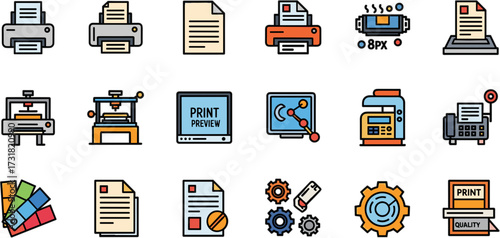 Modern Flat Line Art Printing Process And Machine Icon Set