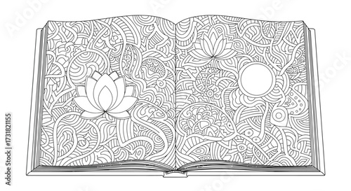 Open Book Displaying Tranquil Zen Doodle Patterns for a Peaceful Coloring Page