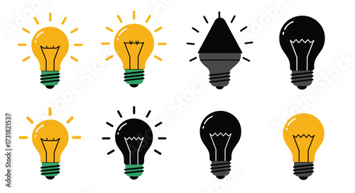 Various light bulbs in different styles and illumination states shown