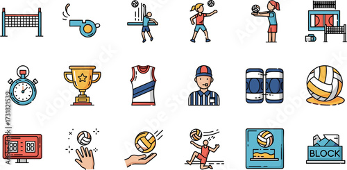 Colored Line Illustration Set Volleyball Sport Equipment and Action Icons
