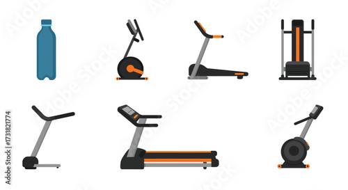 Fitness equipment collection including treadmills exercise bikes and a water bottle