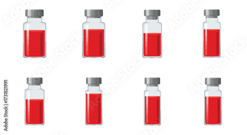 Eight small glass vials containing red liquid arranged in two rows