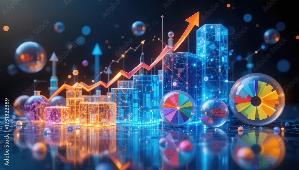 Obraz premium A digital illustration depicting financial growth, charts, and data visualizations with an upward trend.
