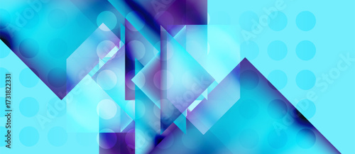 Abstract geometric shapes, vibrant blues, purples create modern design. Light gradients, translucent layers add depth, texture. Minimalist composition.