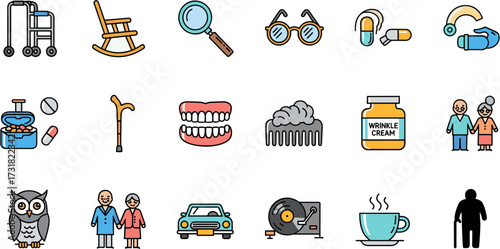 Flat Line Colorful Senior Lifestyle Item Set Various Object Illustration