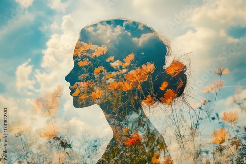 Young Woman Profile Double Exposure with Cosmos Flowers and Cloudy Sky