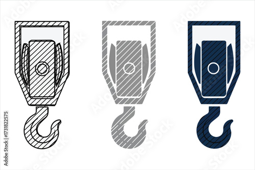 Vector art of three hoist blocks, , in varying shades of gray and blue, depict the mechanical device used for lifting heavy loads, essential in construction and engineering