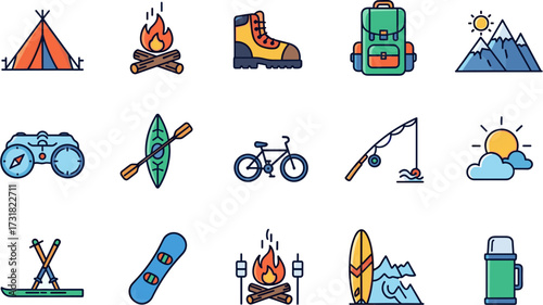 Colorful Line Style Outdoor Adventure Activity and Sport Elements Icon Set