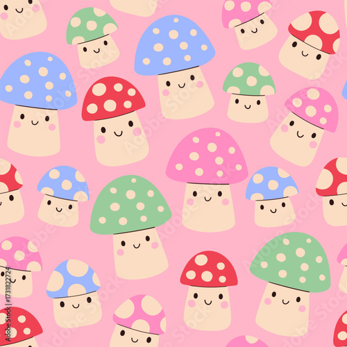 Bizarre seamless pattern with funny colorful mushrooms. Soft autumn wallpaper, wrapping paper for kids design. Pastel colored amanitas on pink background. Vector graphic