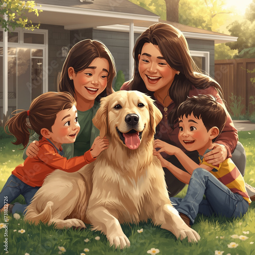 family playing with dog in the spacious yard