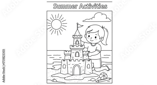  Educational Coloring Sheet Child Building Sandcastle on Beach, Summer Activities for Elementary..jpeg