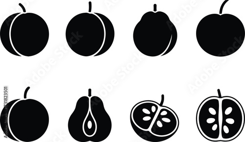 Fruit silhouettes, whole and sliced fruit, botanical illustration, fruit cross section, healthy food art, kitchen vector, culinary design,