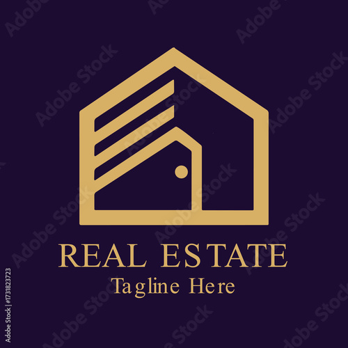 Illustration of modern real estate logo featuring a stylized house outline and the text reales tate
