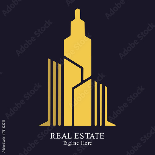 Illustration of abstract real estate logo with skyscraper and buildings on dark background