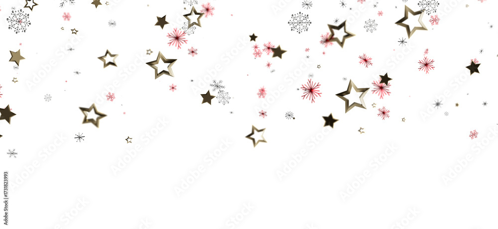 Obraz premium Elegant Christmas-themed background with gold stars and pink snowflakes falling on a white backdrop. Perfect for holiday designs, greeting cards