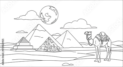  Educational Coloring Sheet Egyptian Pyramid and Camel, Ancient Wonders for Elementary Studies..jpeg