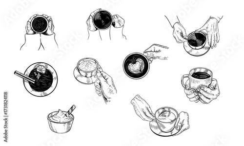 Hot drinks with holding hands top view, vector illustration. Winter or autumn cold season beverages hot chocolate, coffee, eggnog, cappuccino, and cookies.  Hand drawing.