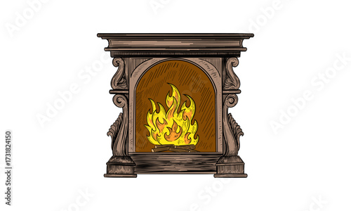 Traditional fireplace with a burning fire. Sketch. Engraving style. Vector illustration.