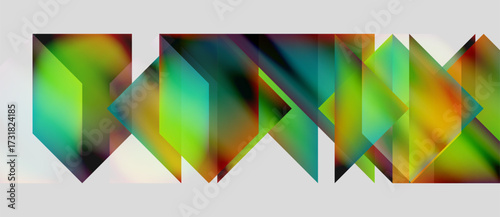 Abstract geometric shapes blend vibrant colors. Angular forms create dynamic visual rhythm, suggesting movement, depth. Composition feels modern, energetic.