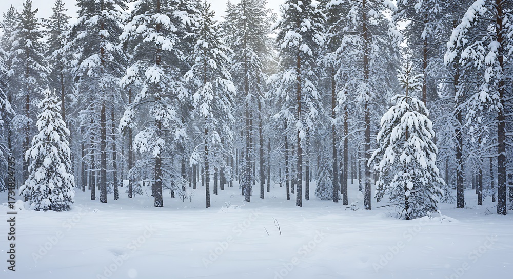 Naklejka premium Winter forest scene with snow covered pine trees and open space