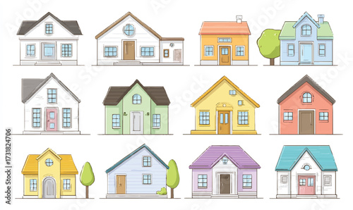 Collection of charming cartoon houses showcases diverse architectural styles and vibrant color palettes ideal for childrens books