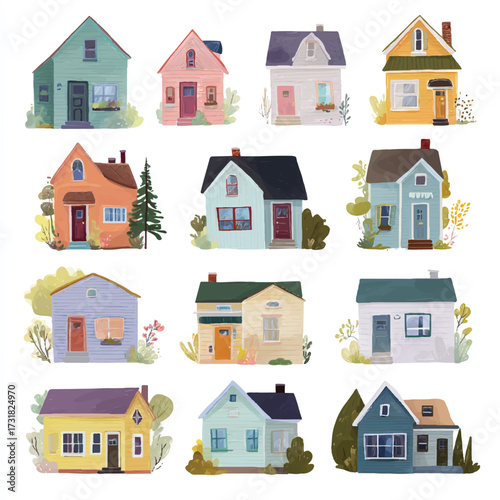 Collection of charming watercolor houses creating a whimsical neighborhood illustration perfect for design projects and creative endeavors