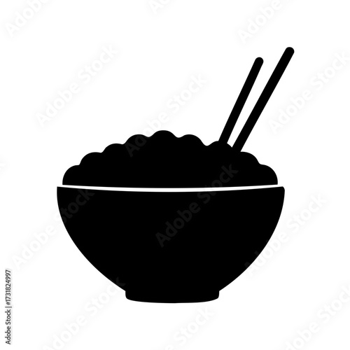 Black silhouette of a bowl full of food with chopsticks on white