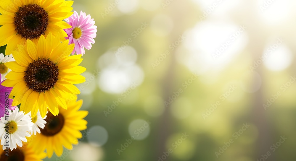 Fototapeta premium Vibrant sunflowers and daisies against soft green bokeh background