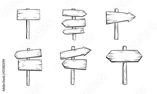 Set of wooden arrows. Hand drawn vector illustration. Isolated on white background