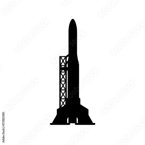 Black and white silhouette of a space rocket ready for launch preparation