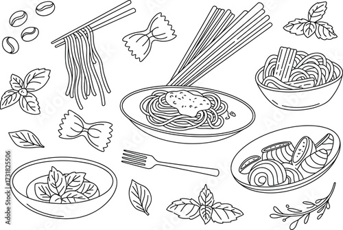 Italian pasta illustration, spaghetti penne farfalle, culinary food art, basil rosemary herbs, black white drawing, restaurant menu design, gourmet cuisine