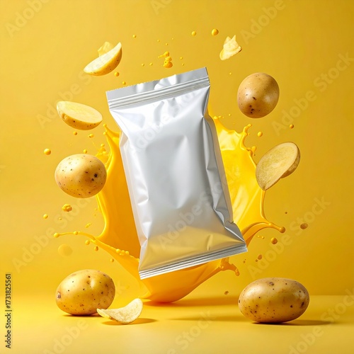 Blank Yellow Potato Chip Bag Mockup with Splash and Flying Chips