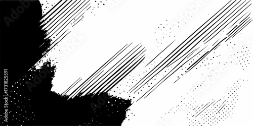 Abstract grungy black and white vintage wallpaper with ink splats and a decorative frame