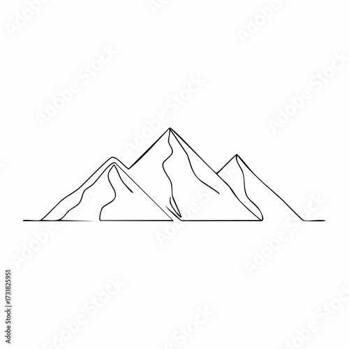 Continuous line drawing of mountain ridge landscape. Web banner with high mounts and peaks in simple linear style. Adventure winter sports ski and hiking concept. Vector illustration.