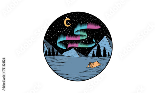Camping under the aurora hand drawn vector illustration