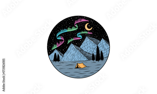 Camping under the aurora hand drawn vector illustration