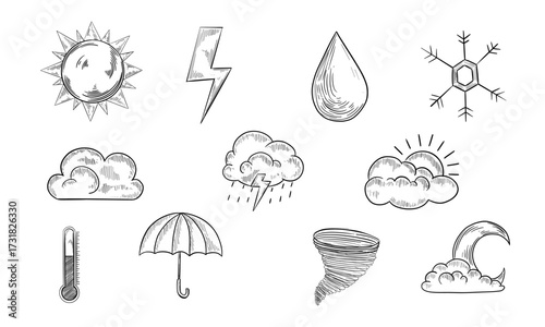 Sketch weather icons. Hand drawn rain, storm and snow. Clear sun and moon, tornado and hurricane wind, thermometer and retro umbrella vector set of weather elements, rain and storm sketch