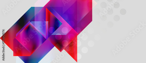 Abstract geometric composition. Vibrant pinks, blues blend with gray backdrop. Modern design, dynamic shapes create visual interest.