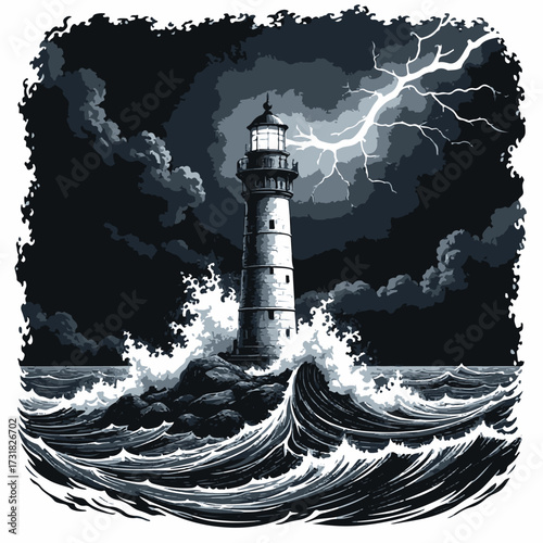 Lighthouse Amidst Storm: A resilient lighthouse stands tall amidst a raging sea storm, its beacon cutting through the darkness, symbolizing hope and guidance during turbulent times.