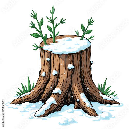 New Growth on Stump: A vibrant depiction of renewal, with fresh green sprouts emerging from a snow-covered tree stump, illustrating the enduring cycle of life.