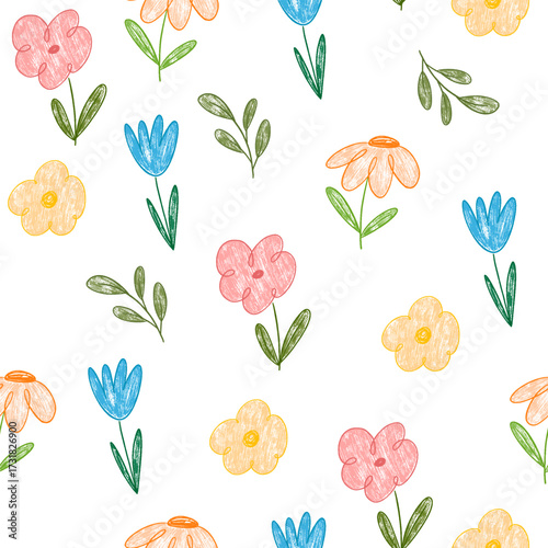 Crayon flower seamless pattern. Childish spring floral background. Kid color chalk hand drawn with plant grass, spring flowers. Pencil drawings background with blooms. Vector scribble doodle wallpaper