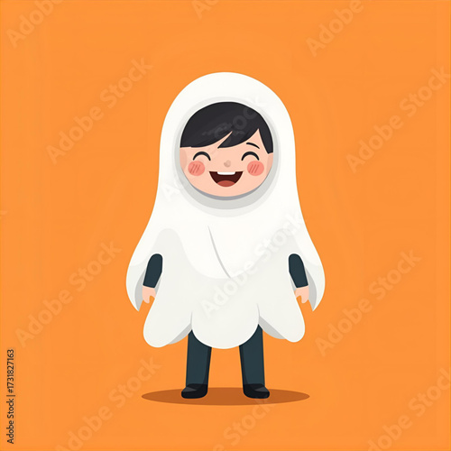 Cute little boy character in a ghost costume celebrating Halloween with a happy smile. Adorable kid vector illustration