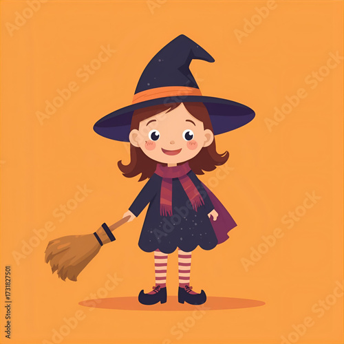 Adorable cartoon girl in a classic witch costume, complete with a pointy hat and broom, celebrating the festive spirit of Halloween on an orange background