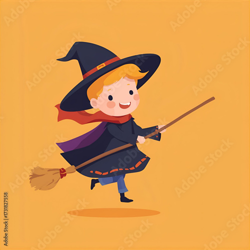 Adorable cartoon boy dressed as a witch or wizard flying on a broomstick. Cute child in a Halloween costume with a pointy hat and scarf